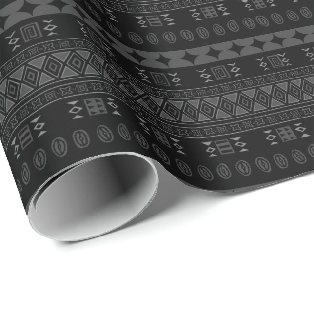 Black and Charcoal Gray Cultural Tribal Print Wrapping Paper (Roll Corner)
