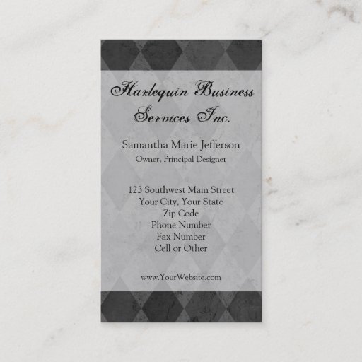 Customizable Black and Charcoal Harlequin with Script Business Card Templates
