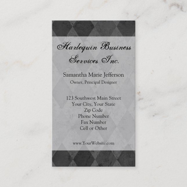 Black and Charcoal Harlequin with Script Business Card (Front)