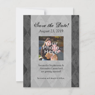 Black and Charcoal Harlequin with Script Save The Date