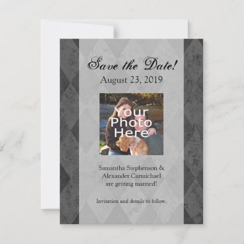 Black and Charcoal Harlequin with Script Save The Date