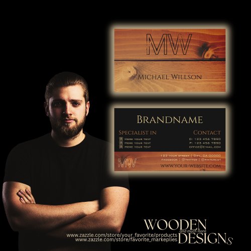 Black and Cherry Wood Grain Wooden Boards Monogram Business Card