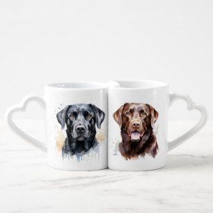 BLACK AND CHOCOLATE LABRADOR RETRIEVER DOGS COFFEE MUG SET