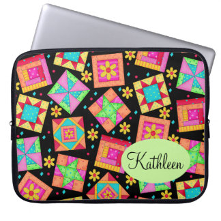 Black and Colorful Patchwork Quilt Block Art Laptop Sleeve