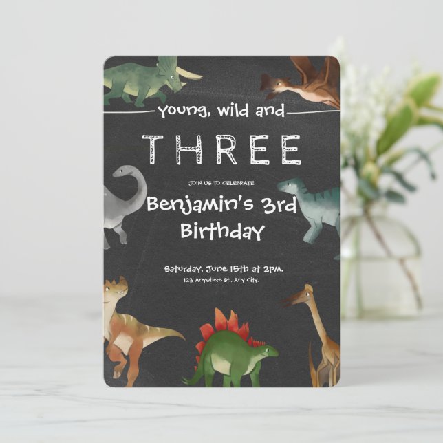 Black and Colorful Printable Dinosaur Birthday  Invitation (Standing Front)