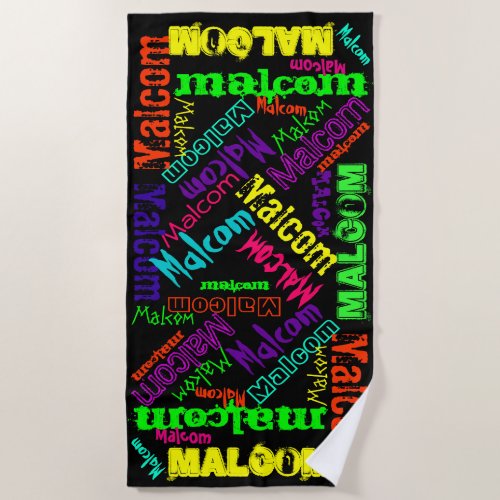 Black and Colorful Repeating Name Collage Beach Towel
