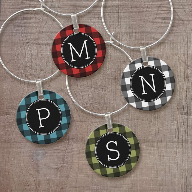 Black and Colors Buffalo Plaid Check Monogram Wine Charm (Custom Wine and Drink Charms)