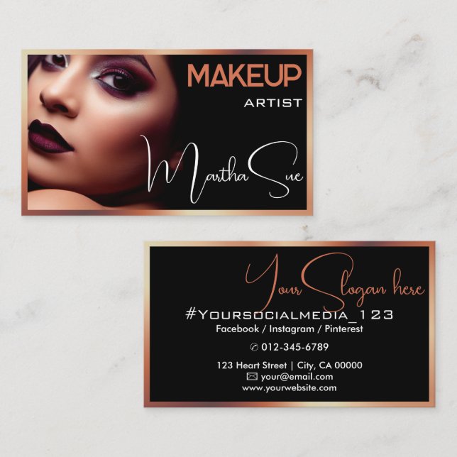 Black and Copper Bronze Modern Photo Image Beauty  Business Card (Front/Back)