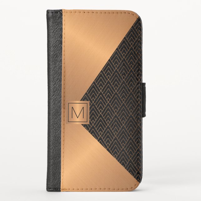 Black and Copper Gold Geometric Elegant Monogram iPhone Wallet Case (Front)