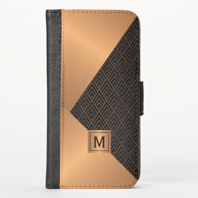 Black and Copper Gold Geometric Elegant Monogram iPhone Wallet Case (Front)