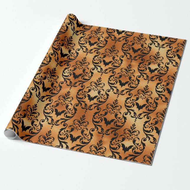 Black and Copper Halloween Bat Damask Foil Pattern Wrapping Paper (Unrolled)