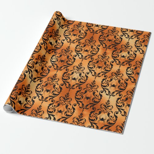 Black and Copper Halloween Spider Damask Foil Wrapping Paper