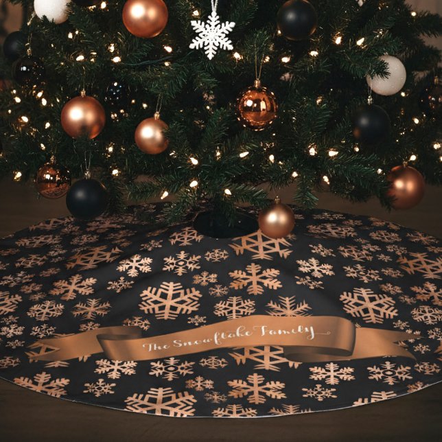 Black and Copper Snowflake Christmas Tree Skirt (This black and copper snowflake tree skirt offers a luxurious twist on traditional holiday decor)