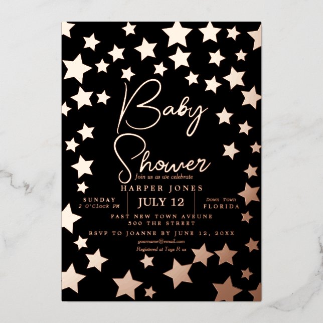 black and copper star Baby Shower Invite sip & see (Front)