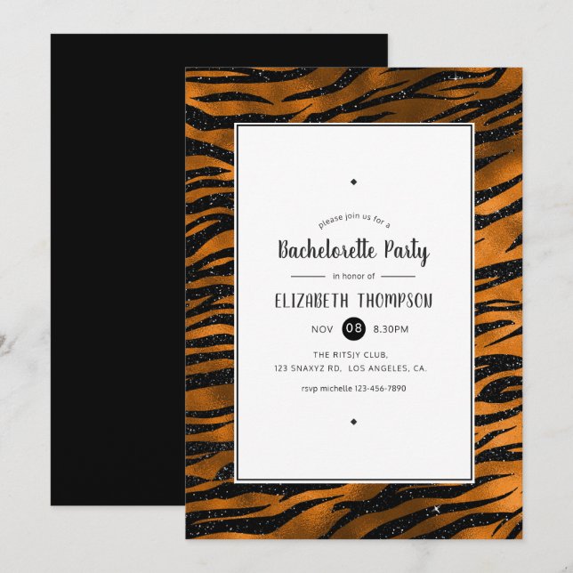 Black and Copper Tiger Stripes Bachelorette Party Invitation (Front/Back)