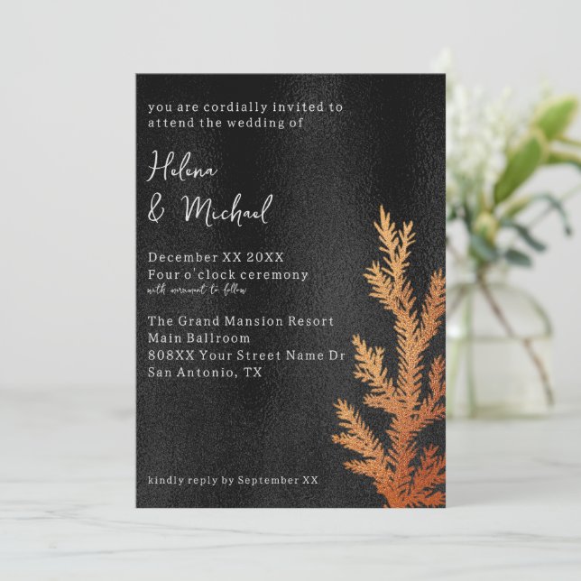Black and Copper Winter Wedding Pine Branch Invitation (Standing Front)