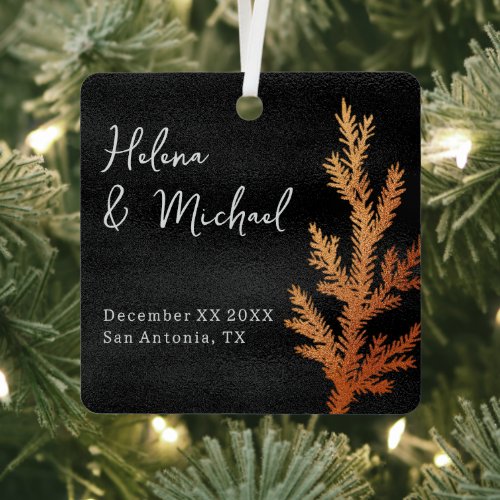 Black and Copper Winter Wedding Pine Branch Metal Ornament