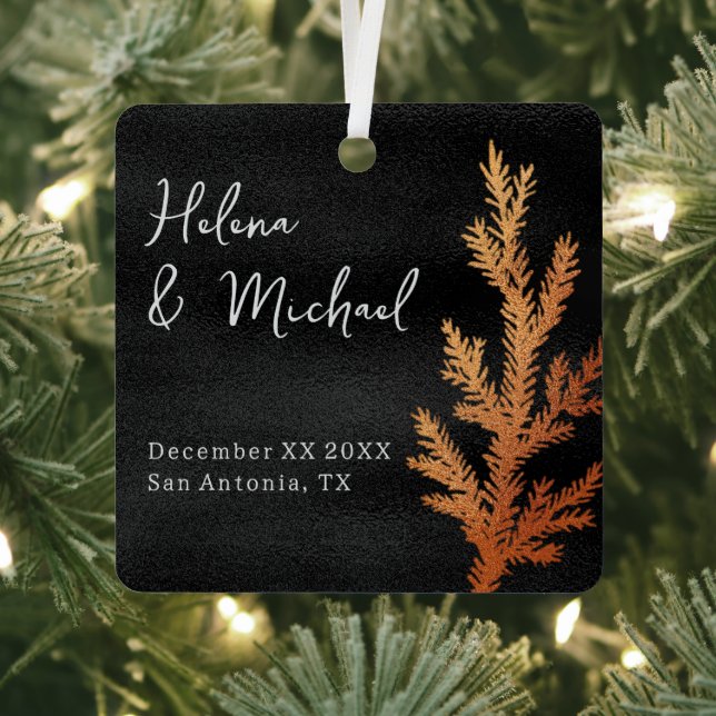 Black and Copper Winter Wedding Pine Branch Metal Ornament (Insitu)