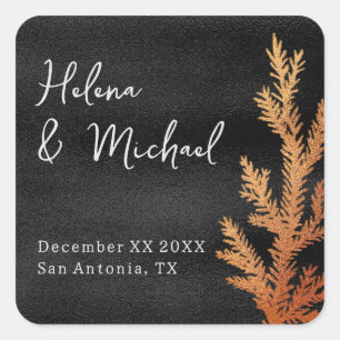Black and Copper Winter Wedding Pine Branch Square Sticker