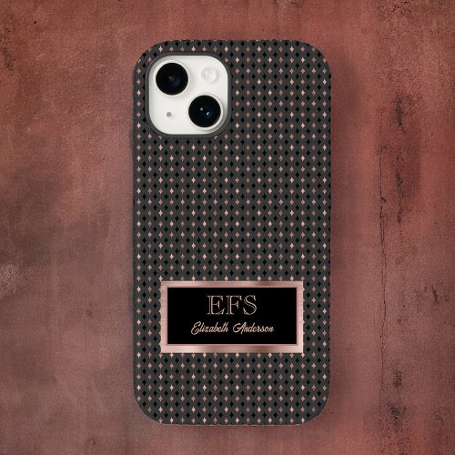 Black and Coppery Faux Rose Gold Elegant Monogram Case_Mate iPhone 14 Case
