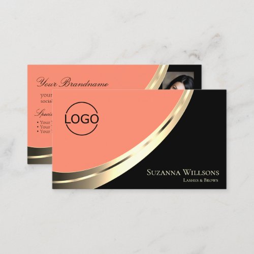 Black and Coral Chic Gold Decor with Logo  Photo Business Card
