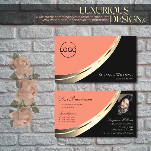 Black and Coral Chic Gold Decor with Logo  Photo Business Card