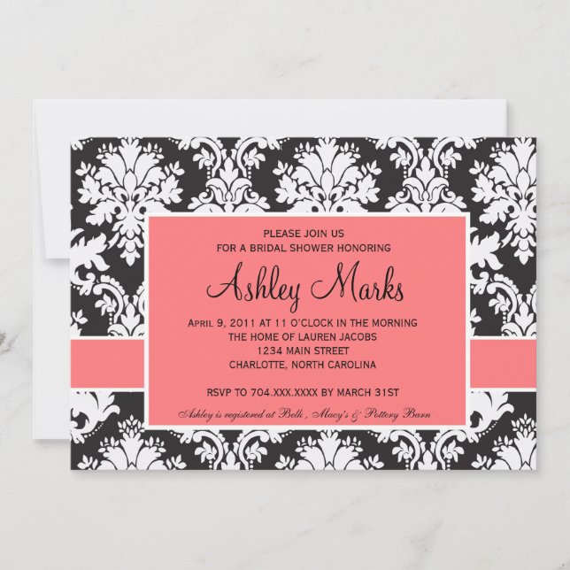 Black and Coral Damask Invitation (Front)
