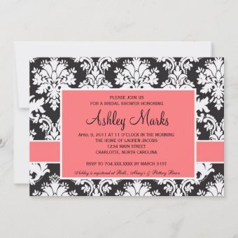 Black and Coral Damask Invitation | Zazzle