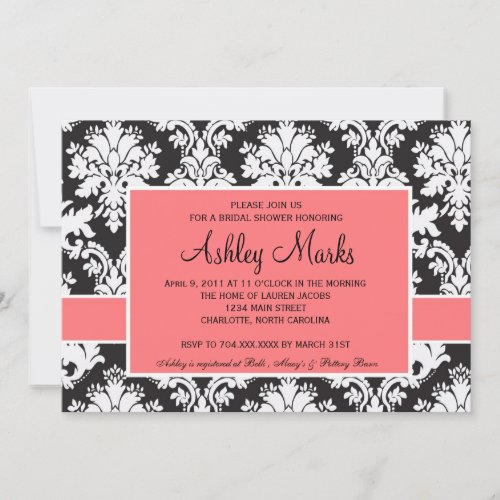 Black and Coral Damask Invitation