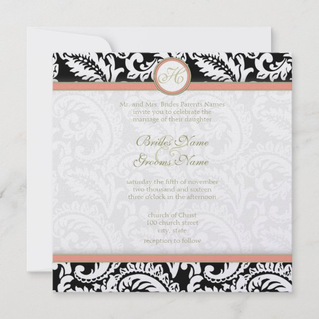 Black and Coral Damask  Wedding Invitations (Front)