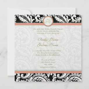 Black and Coral Damask Wedding Invitations