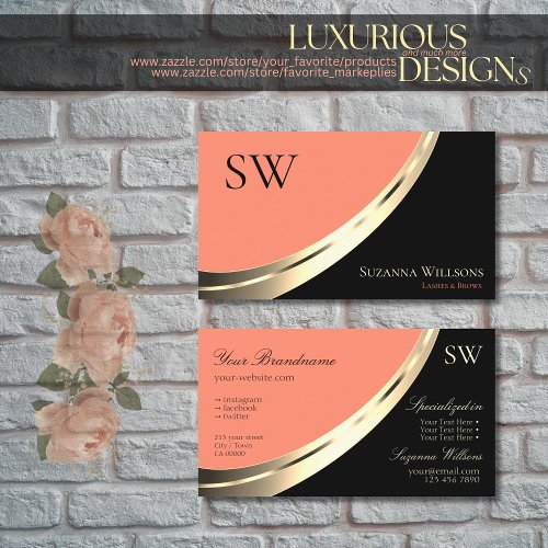 Black and Coral Gold Decor with Monogram Elegant Business Card