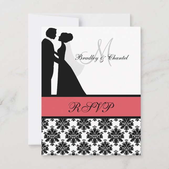 Black and Coral Wedding Couple RSVP Card (Front)
