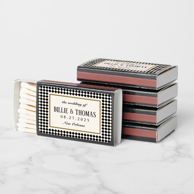 Black and Cream Checkerboard Jazz Club Wedding Matchboxes (Stacked)