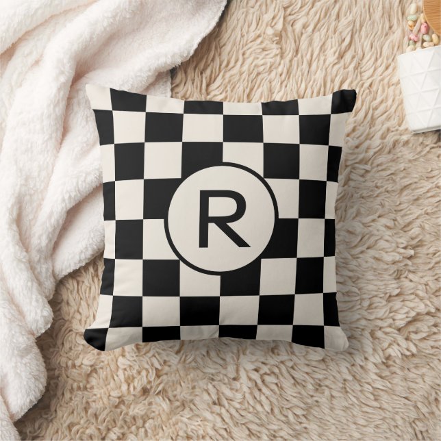 Black and Cream Checkered Pattern Custom Monogram Throw Pillow (Blanket)