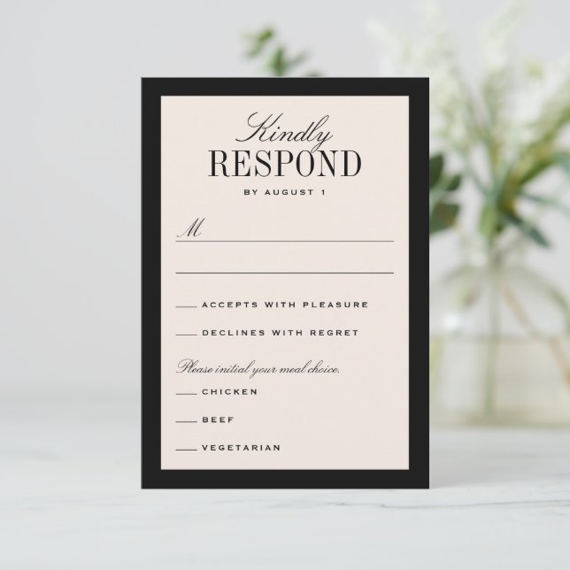 Black and Cream Classic Elegant Wedding RSVP Card (Standing Front)