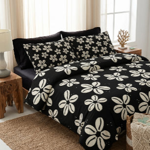 Black and Cream Cowrie Shell Flower Tropical Duvet Cover