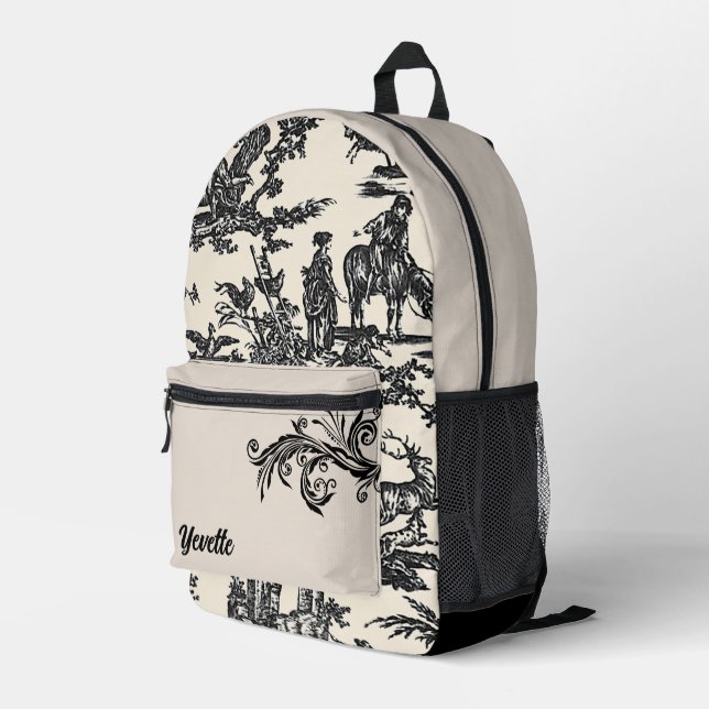 Black and Cream French Toile Pattern Personalized Printed Backpack (Back Corner Right)