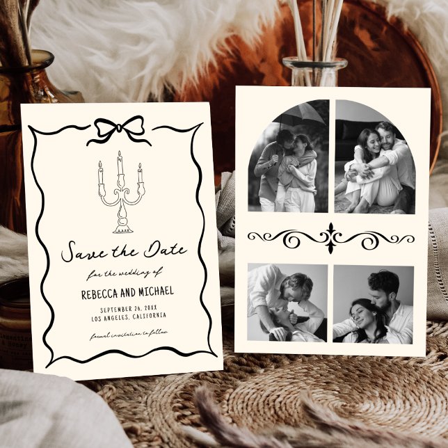 Black and Cream Hand Drawn Bow Photo Wedding Save The Date (Creator Uploaded)