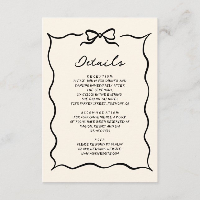 Black and Cream Hand Drawn Bow Wedding Details Enclosure Card (Front)