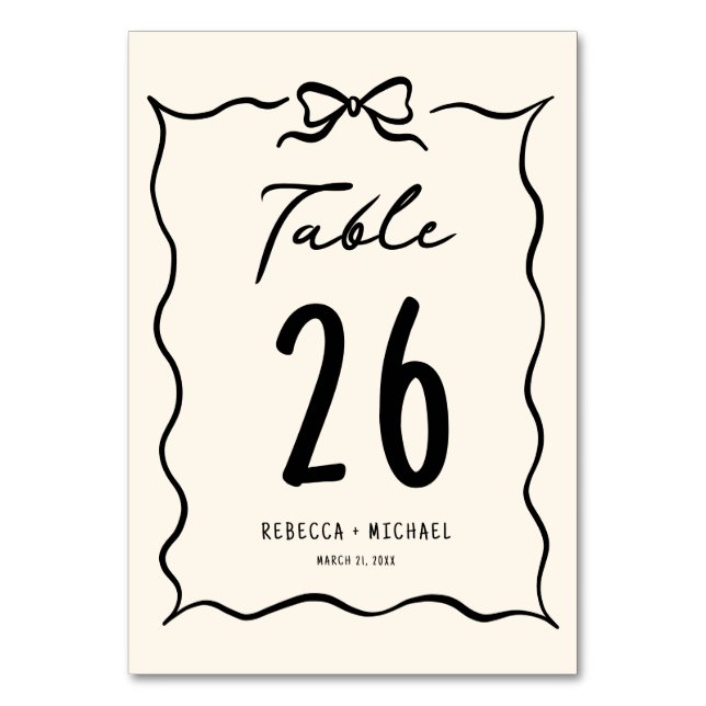 Black and Cream Hand Drawn Bow Wedding Table Number (Front)