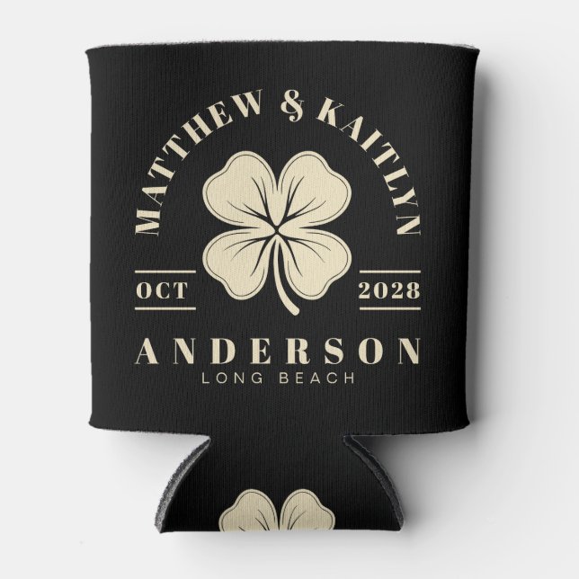 Black and Cream Irish Lucky Clover Wedding Crest Can Cooler (Front)