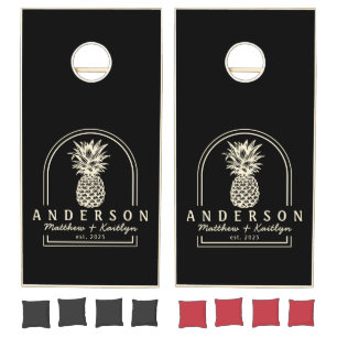 Black and Cream Pineapple Wedding Arch & Name Cornhole Set