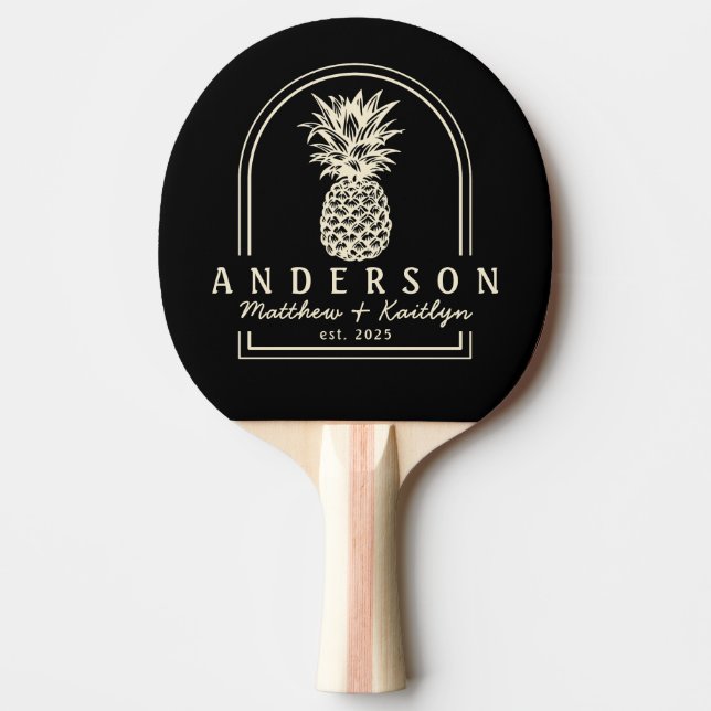 Black and Cream Pineapple Wedding Arch & Name Ping Pong Paddle (Front)