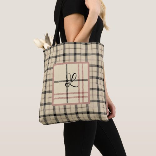 Black and Cream Plaid Personalized Tote Bag