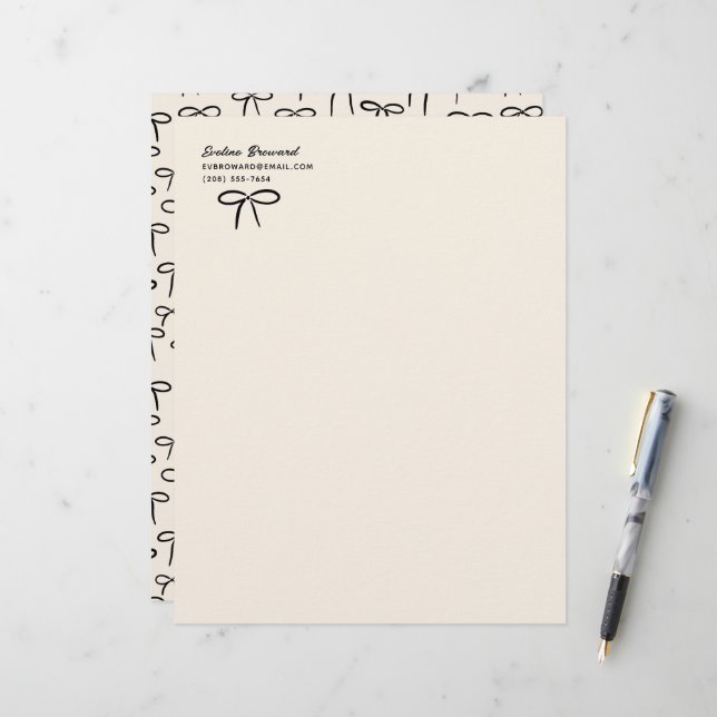 Black and Cream Simple Bows Personal Stationery (Front/Back In Situ)