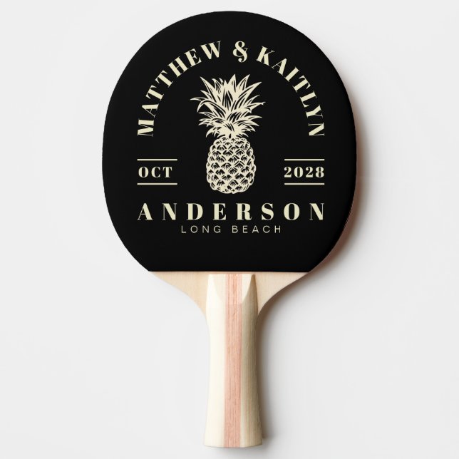 Black and Cream Tropical Pineapple Wedding Crest Ping Pong Paddle (Front)