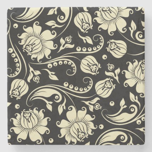 Black And Cream Vintage Floral Damasks Stone Coaster