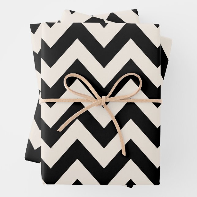Black And Cream White Chevron, Zigzag Herringbone Wrapping Paper Sheets (In situ)