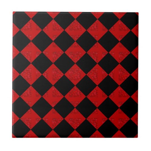 Black and crimson red diamond checker pattern ceramic tile